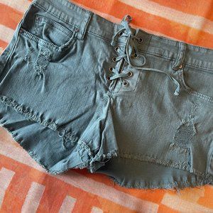 Billabong Lite Hearted Distressed Stretch Lace Up Jean Shorts Green 28